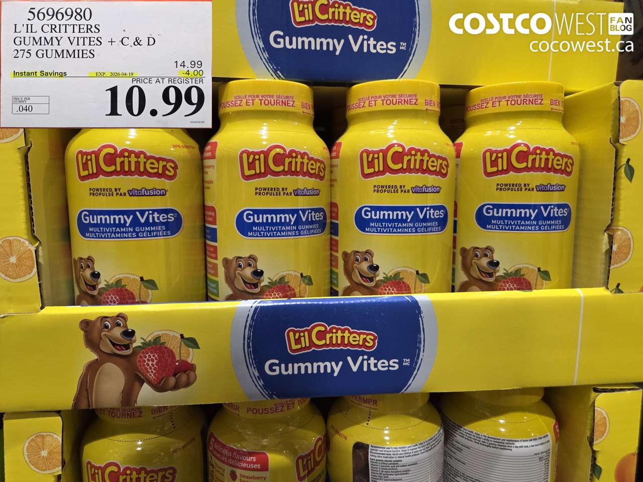 5696980 L'IL CRITTERS GUMMY VITES + C & D 275 GUMMIES ($4.00 INSTANT SAVINGS EXPIRES ON 2026-04-19) $10.99