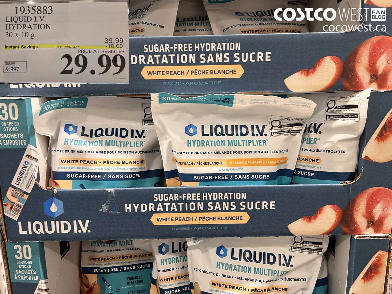 1935883 LIQUID I.V. HYDRATION 30 X 10 G ($10.00 INSTANT SAVINGS EXPIRES ON 2026-04-12) $29.99