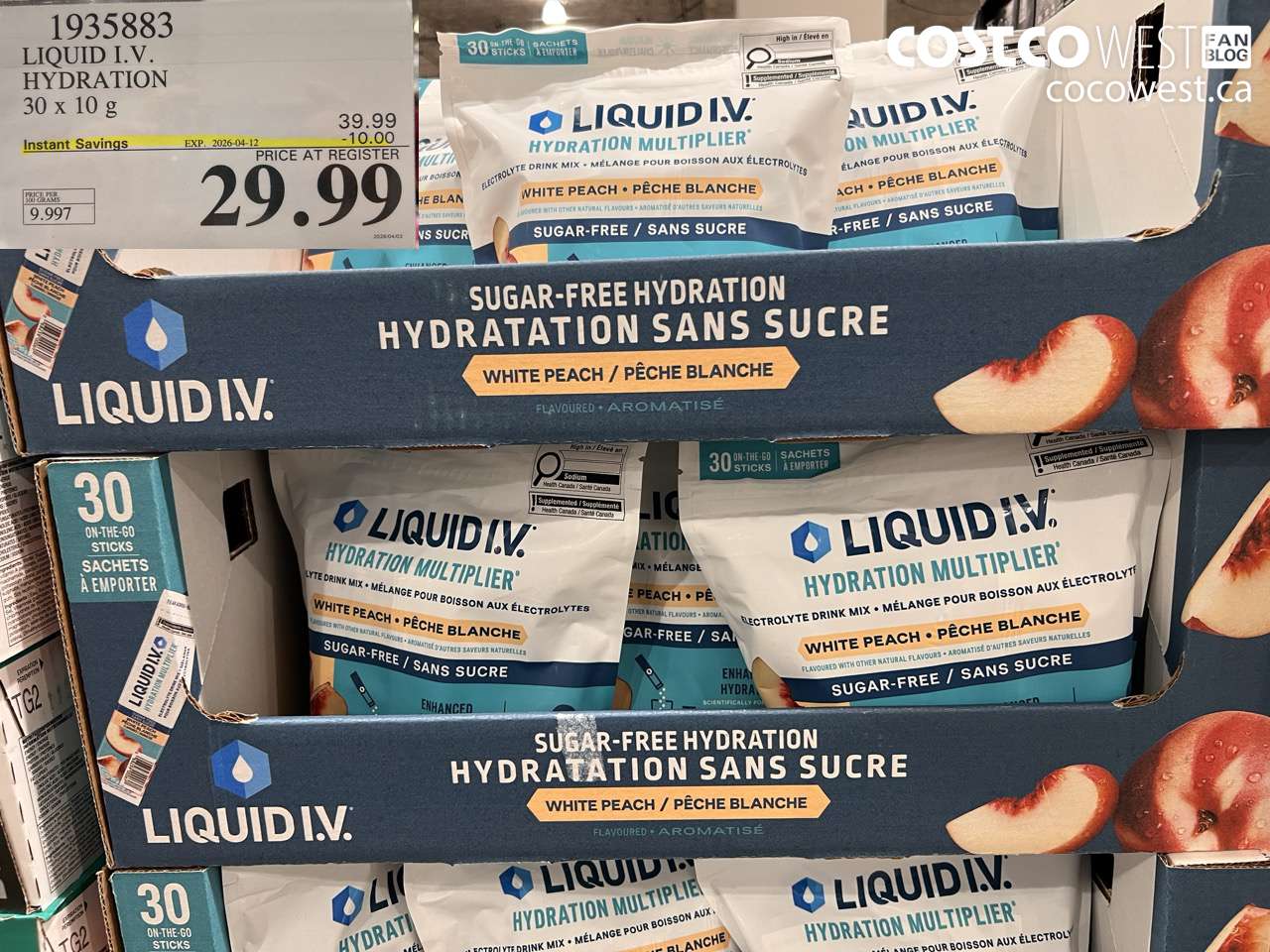 1935883 LIQUID I.V. HYDRATION 30 X 10 G ($10.00 INSTANT SAVINGS EXPIRES ON 2026-04-12) $29.99