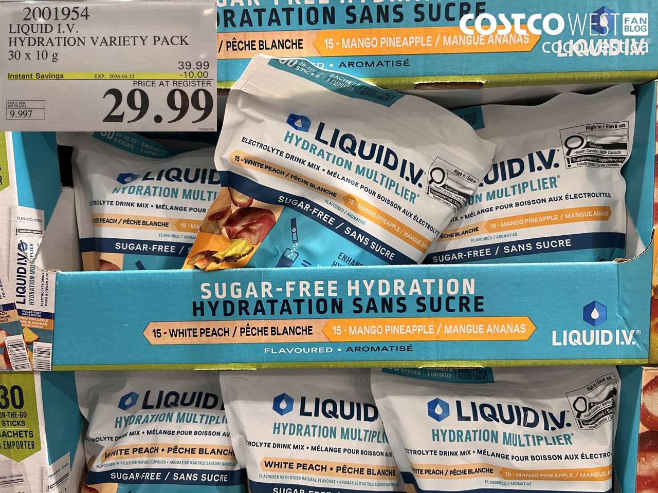 2001954 LIQUID I.V. HYDRATION VARIETY PACK 30 X 10 G ($10.00 INSTANT SAVINGS EXPIRES ON 2026-04-12) $29.99