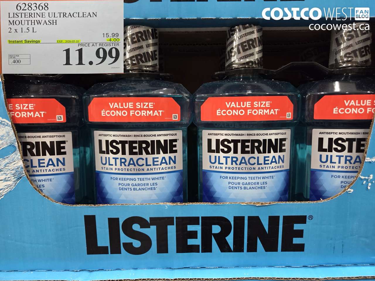 628368 LISTERINE ULTRACLEAN MOUTHWASH 2 X 1.5L ($4.00 INSTANT SAVINGS EXPIRES ON 2026-05-10) $11.99