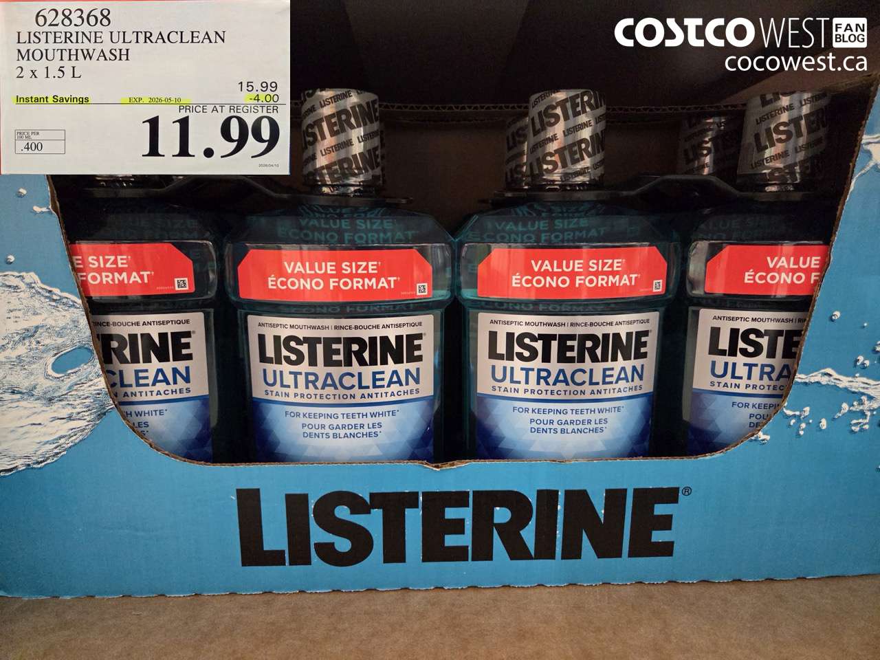 628368 LISTERINE ULTRACLEAN MOUTHWASH 2 X 1.5 L ($4.00 INSTANT SAVINGS EXPIRES ON 2026-05-10) $11.99