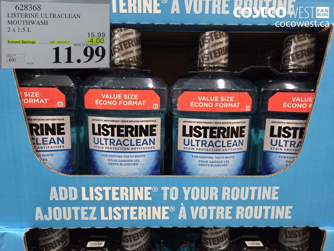 628368 LISTERINE ULTRACLEAN MOUTHWASH 2 X 1.5 L ($4.00 INSTANT SAVINGS EXPIRES ON 2026-05-10) $11.99
