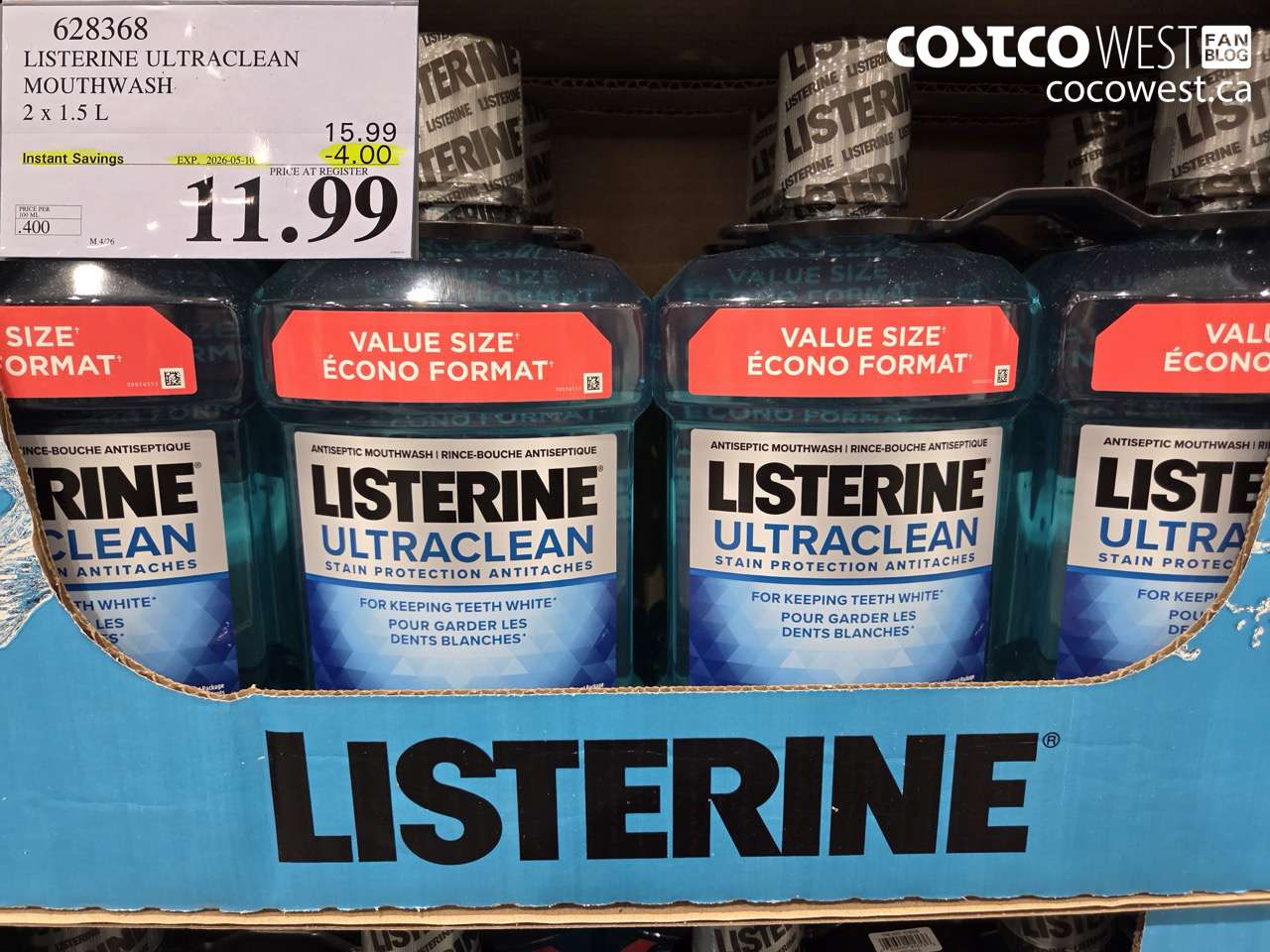 628368 LISTERINE ULTRACLEAN MOUTHWASH 2 X 1.5 L ($4.00 INSTANT SAVINGS EXPIRES ON 2026-05-10) $11.99