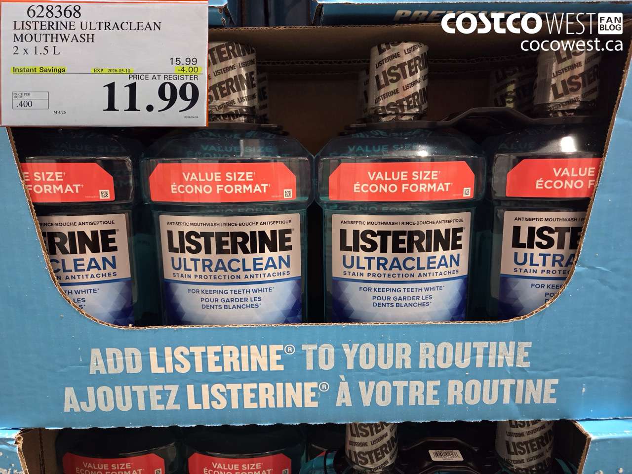 628368 LISTERINE ULTRACLEAN MOUTHWASH 2 X 1.5 L ($4.00 INSTANT SAVINGS EXPIRES ON 2026-05-10) $11.99