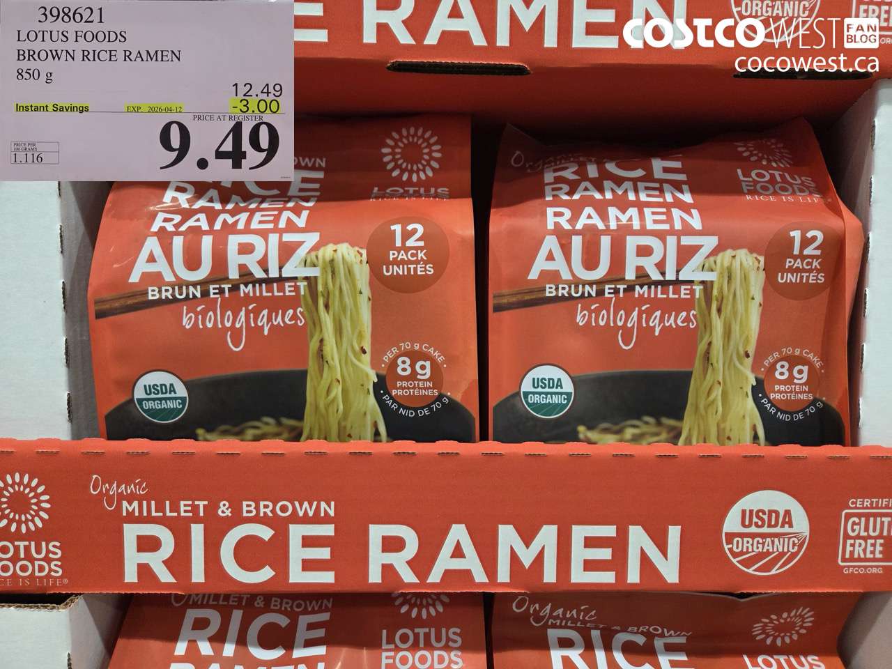 398621 LOTUS FOODS BROWN RICE RAMEN 850G ($3.00 INSTANT SAVINGS EXPIRES ON 2026-04-12) $9.49