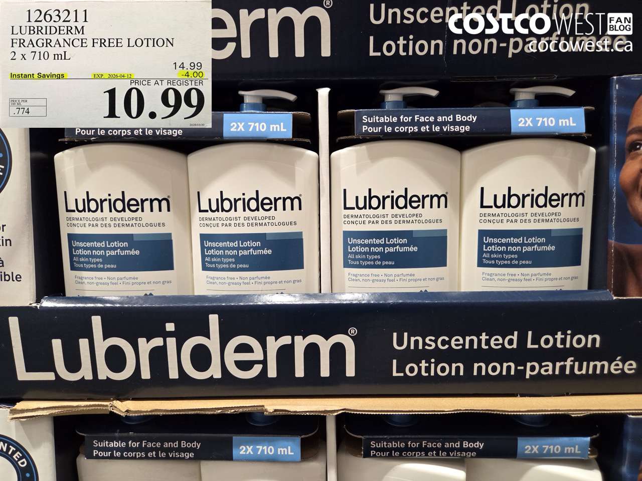 1263211 LUBRIDERM FRAGRANCE FREE LOTION 2 x 710 mL ($4.00 INSTANT SAVINGS EXPIRES ON 2026-04-12) $10.99