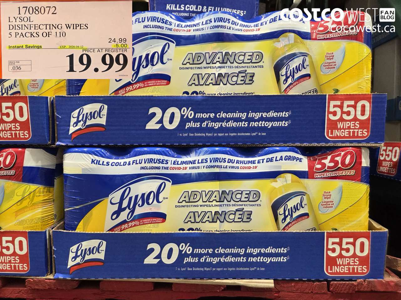 1708072 LYSOL DISINFECTING WIPES 5 PACKS OF 110 ($5.00 INSTANT SAVINGS EXPIRES ON 2026-04-12) $19.99