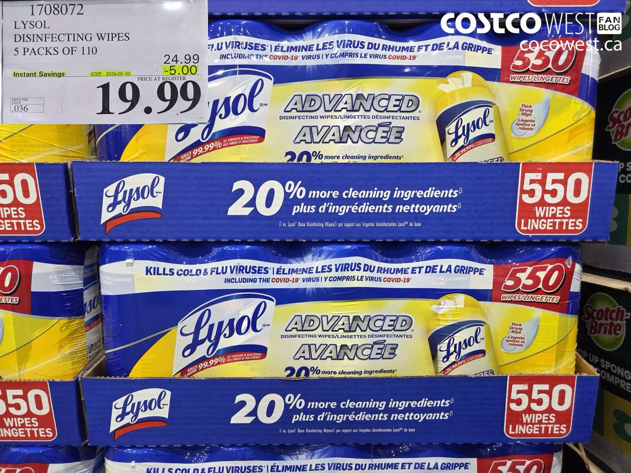 1708072 LYSOL DISINFECTING WIPES 5 PACKS OF 110 ($5.00 INSTANT SAVINGS EXPIRES ON 2026-05-10) $19.99