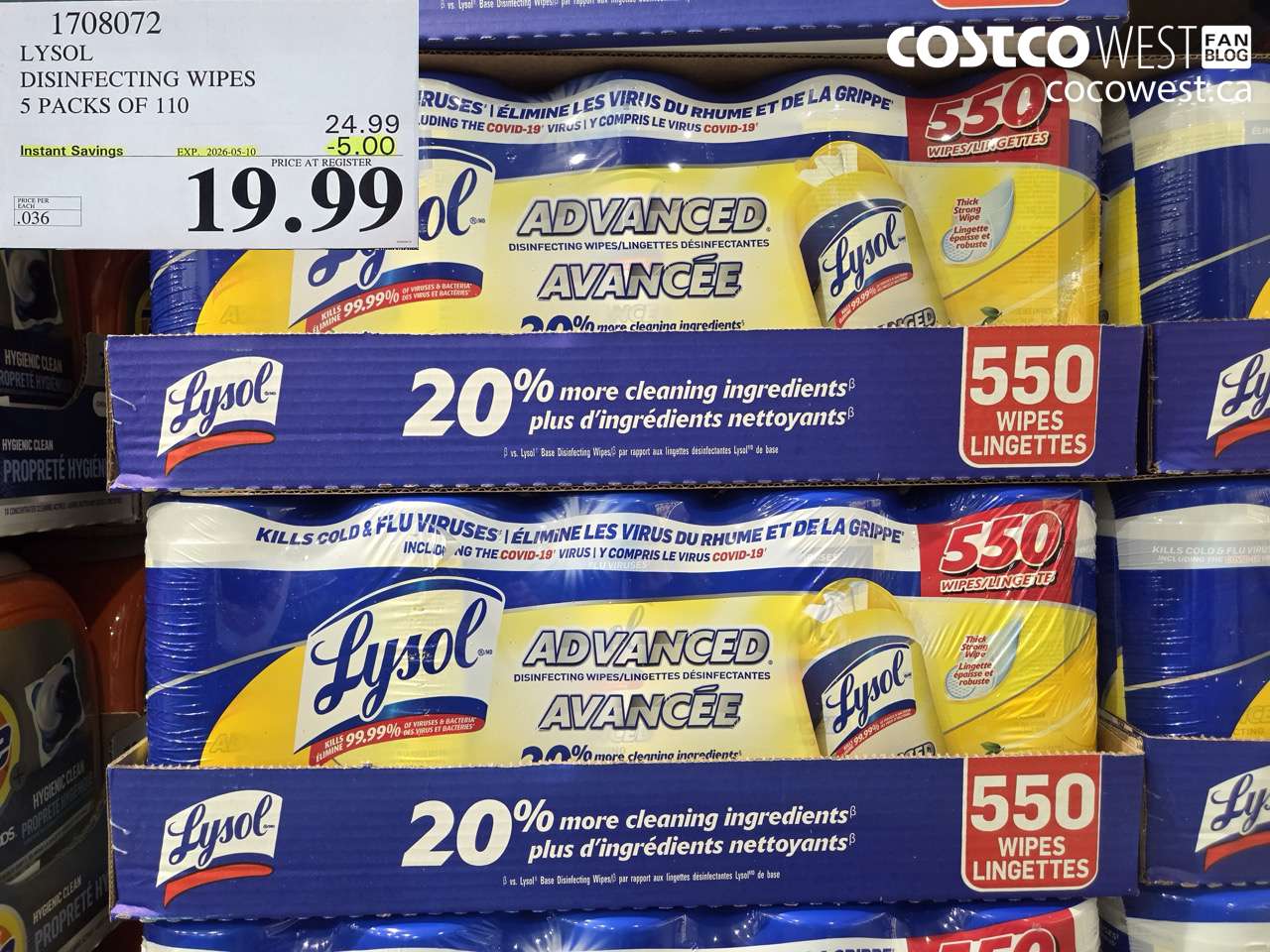 1708072 LYSOL DISINFECTING WIPES 5 PACKS OF 110 ($5.00 INSTANT SAVINGS EXPIRES ON 2026-05-10) $19.99