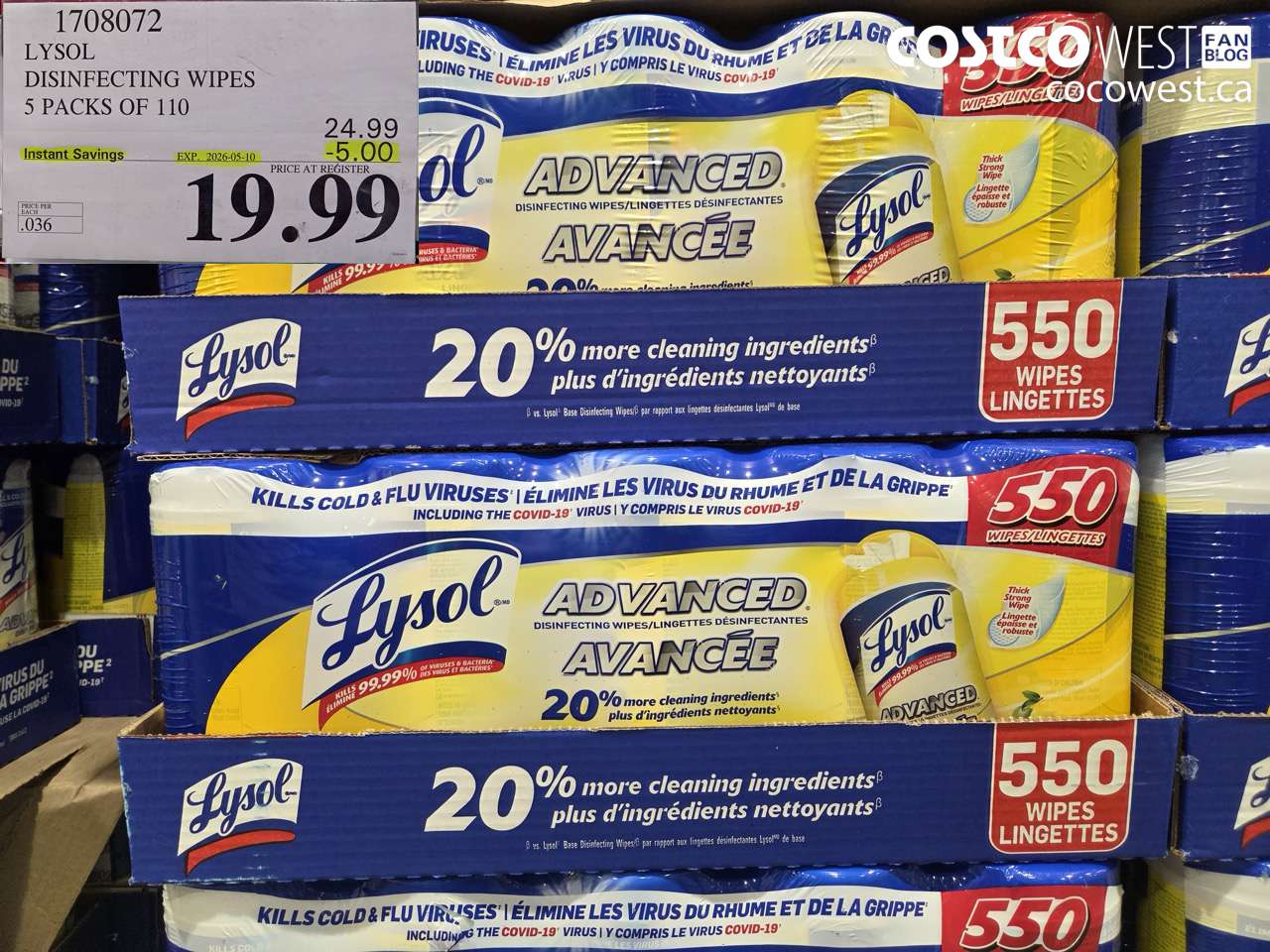 1708072 LYSOL DISINFECTING WIPES 5 PACKS OF 110 ($5.00 INSTANT SAVINGS EXPIRES ON 2026-05-10) $19.99