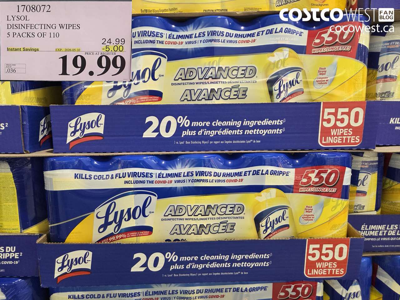 1708072 LYSOL DISINFECTING WIPES 5 PACKS OF 110 ($5.00 INSTANT SAVINGS EXPIRES ON 2026-05-10) $19.99