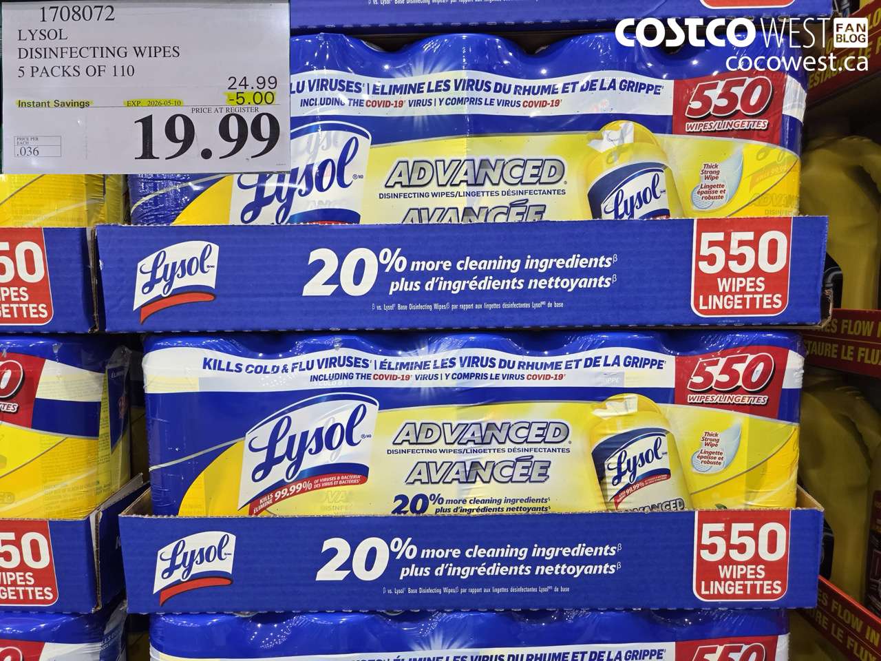 1708072 LYSOL DISINFECTING WIPES 5 PACKS OF 110 ($5.00 INSTANT SAVINGS EXPIRES ON 2026-05-10) $19.99