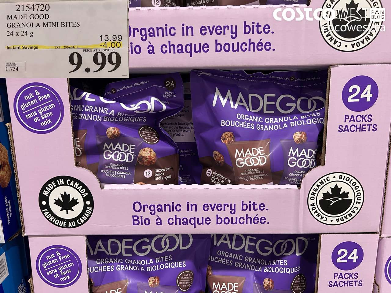 2154720 MADE GOOD GRANOLA MINI BITES 24 X 24G ($4.00 INSTANT SAVINGS EXPIRES ON 2026-04-12) $9.99