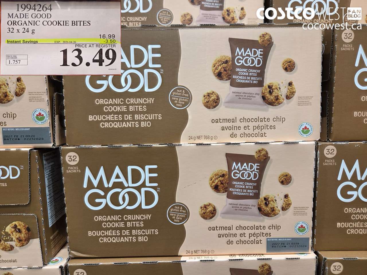 1994264 MADE GOOD ORGANIC COOKIE BITES 32 X 24 G ($3.50 INSTANT SAVINGS EXPIRES ON 2026-04-26) $13.49