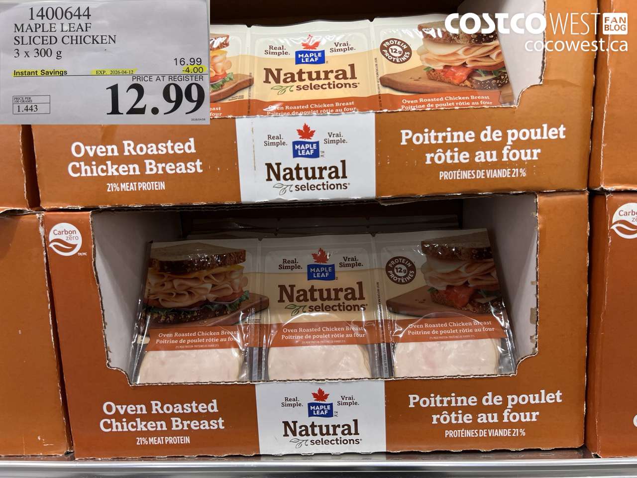 1400644 MAPLE LEAF SLICED CHICKEN 3 X 300G ($4.00 INSTANT SAVINGS EXPIRES ON 2026-04-12) $12.99