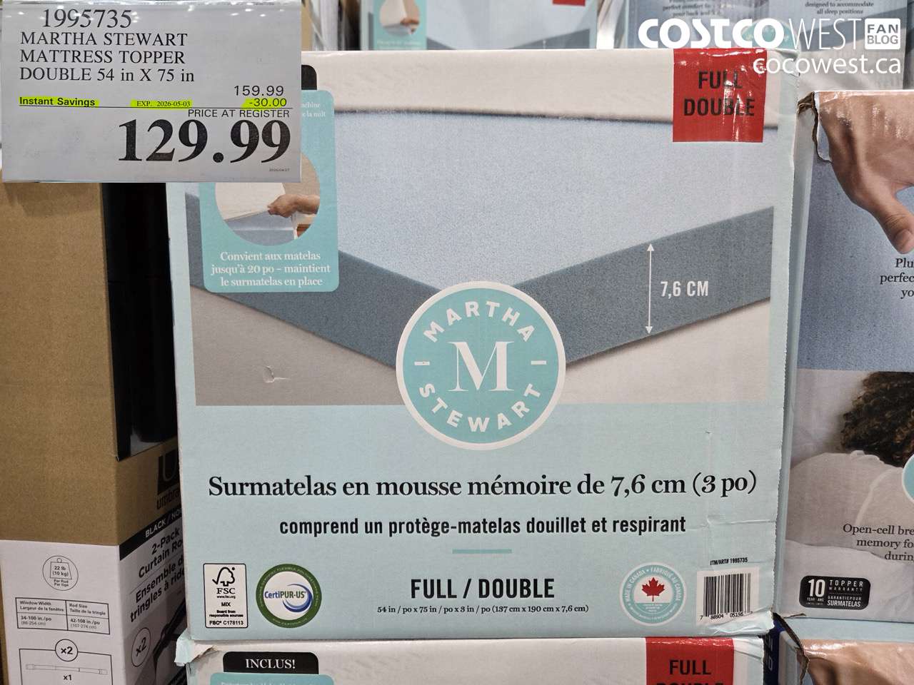 1995735 MARTHA STEWART MATTRESS TOPPER DOUBLE 54 IN X 75 IN ($30.00 INSTANT SAVINGS EXPIRES ON 2026-05-03) $129.99