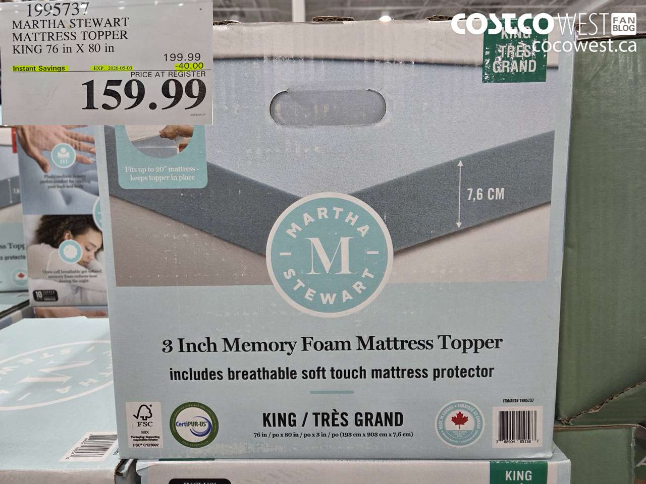 1995737 MARTHA STEWART MATTRESS TOPPER KING 76 IN X 80 IN ($40.00 INSTANT SAVINGS EXPIRES ON 2026-05-03) $159.99