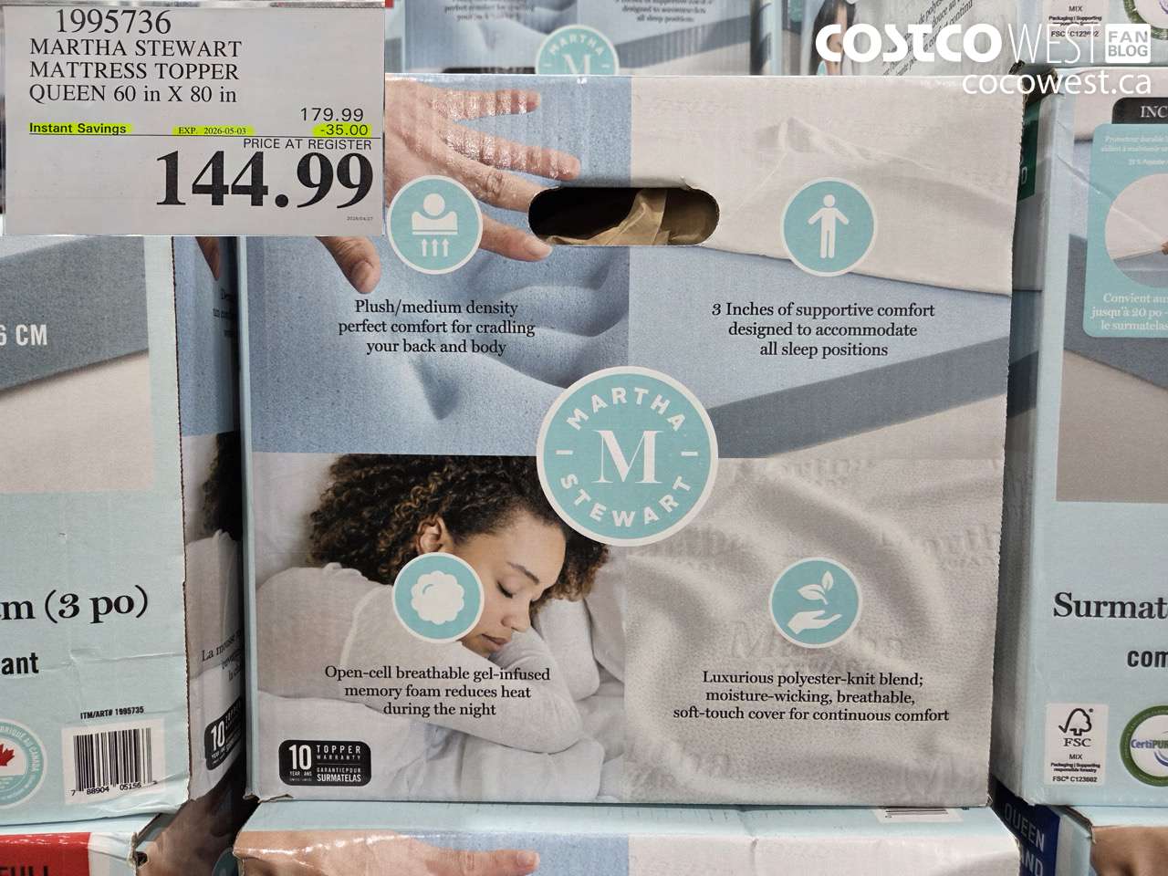 1995736 MARTHA STEWART MATTRESS TOPPER QUEEN 60 IN X 80 IN ($35.00 INSTANT SAVINGS EXPIRES ON 2026-05-03) $144.99