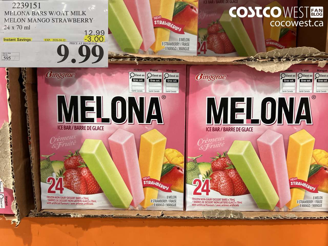 2239151 MELONA BARS W/OAT MILK MELON MANGO STRAWBERRY 24 X 70 ML ($3.00 INSTANT SAVINGS EXPIRES ON 2026-04-12) $9.99