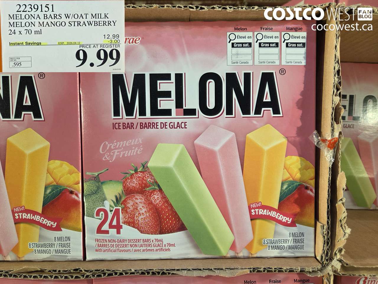 2239151 MELONA BARS W/OAT MILK MELON MANGO STRAWBERRY 24 X 70 ML ($3.00 INSTANT SAVINGS EXPIRES ON 2026-04-12) $9.99