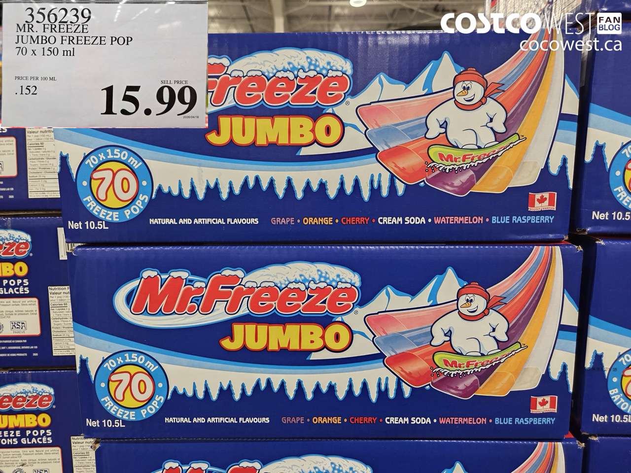 356239 MR. FREEZE JUMBO FREEZE POP 70 X 150 ML $15.99
