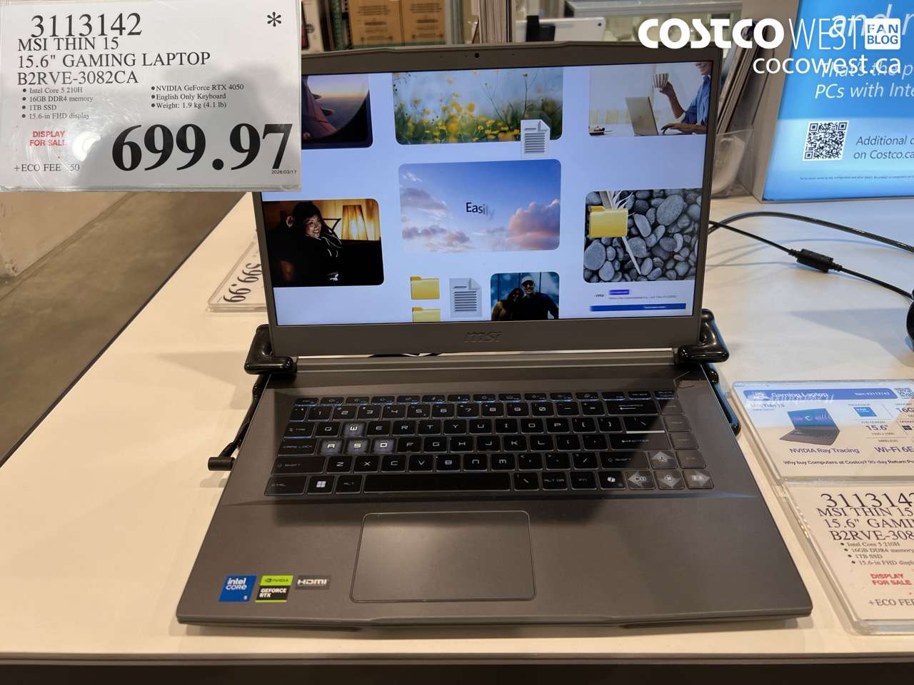 3113142 MSI THIN 15 15.6 INCH GAMING LAPTOP B2RV E-3082CA $699.97