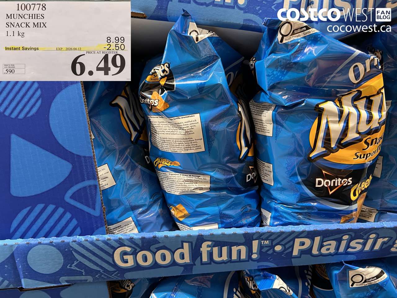 100778 MUNCHIES SNACK MIX 1.1 KG ($2.50 INSTANT SAVINGS EXPIRES ON 2026-04-12) $6.49