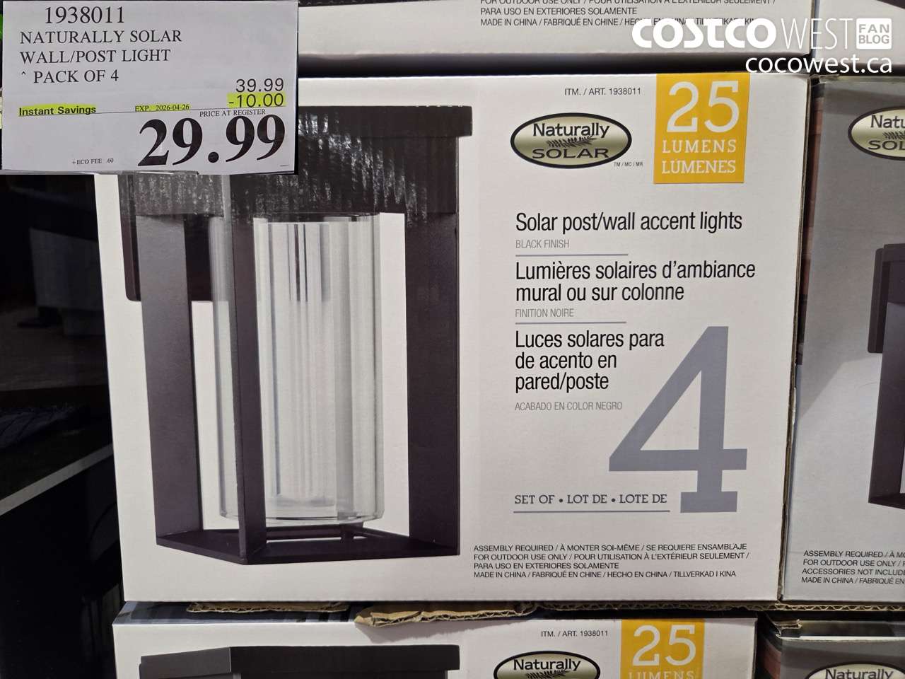 1938011 NATURALLY SOLAR WALL/POST LIGHT PACK OF 4 ($10.00 INSTANT SAVINGS EXPIRES ON 2026-04-26) $29.99