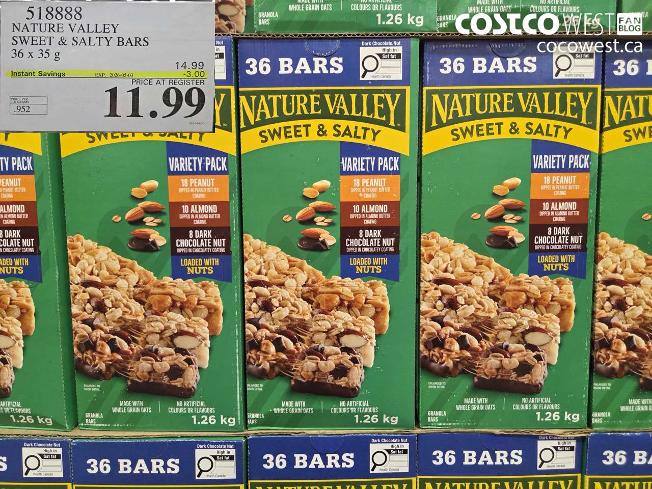 518888 NATURE VALLEY SWEET & SALTY BARS 36 X 35 G ($3.00 INSTANT SAVINGS EXPIRES ON 2026-05-03) $11.99