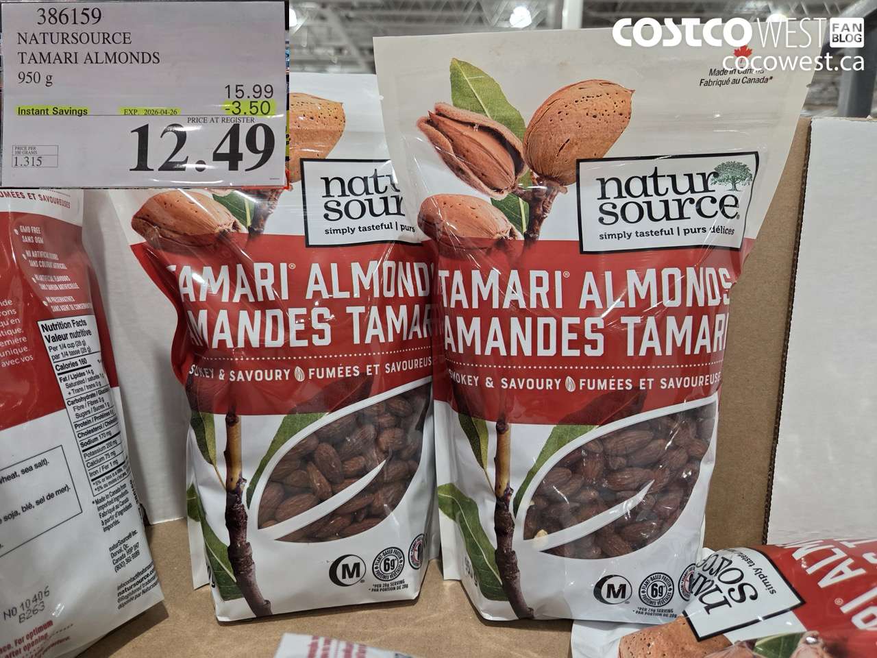 386159 NATURSOURCE TAMARI ALMONDS 950G ($3.50 INSTANT SAVINGS EXPIRES ON 2026-04-26) $12.49