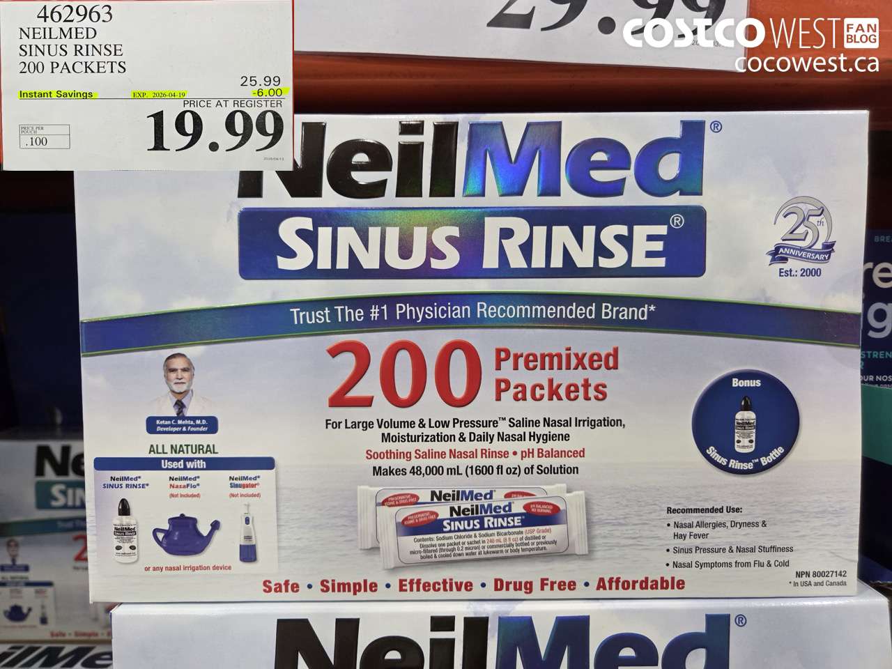 462963 NEILMED SINUS RINSE 200 PACKETS ($6.00 INSTANT SAVINGS EXPIRES ON 2026-04-19) $19.99