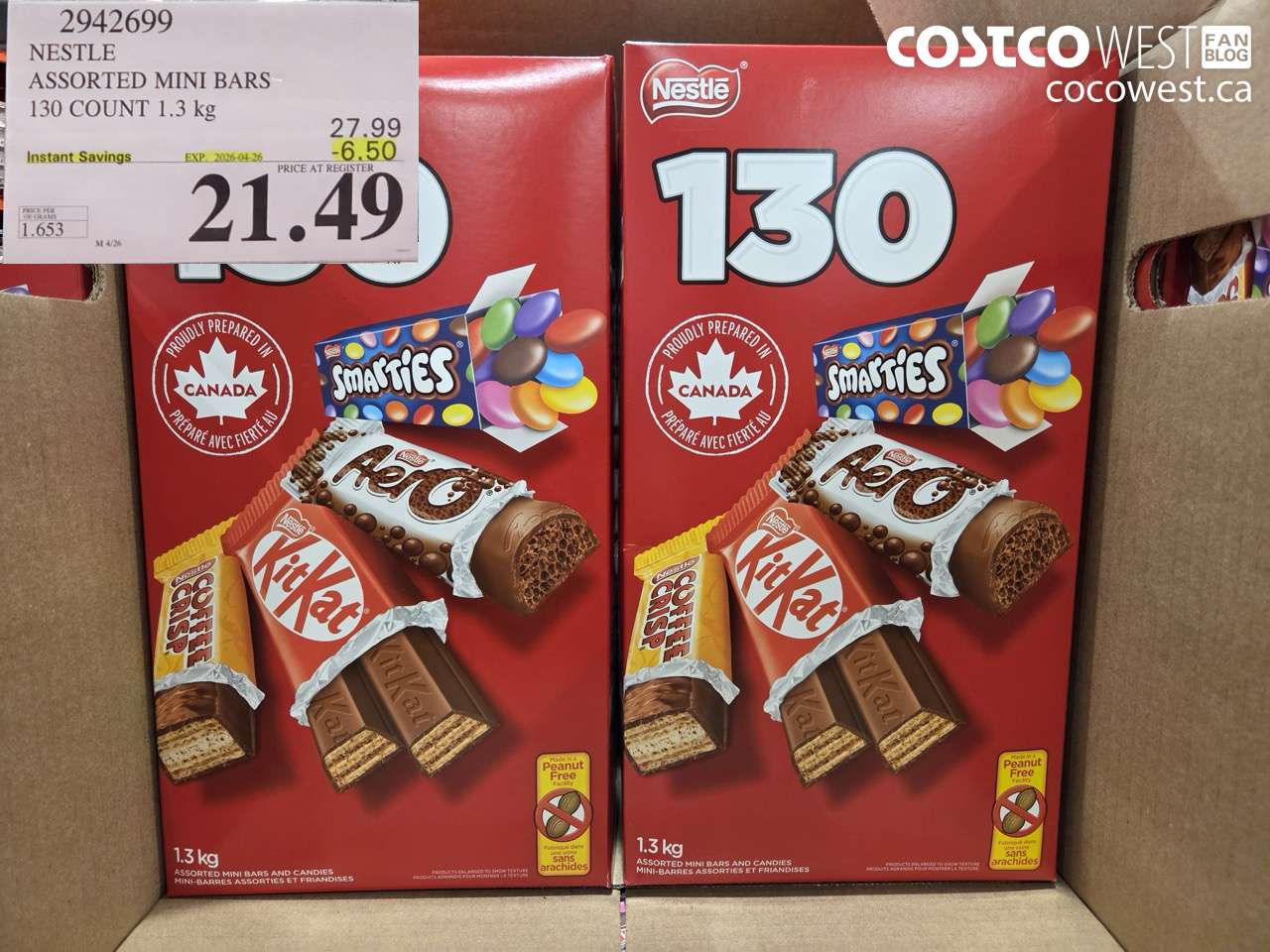 2942699 NESTLE ASSORTED MINI BARS 130 COUNT 1.3 KG ($6.50 INSTANT SAVINGS EXPIRES ON 2026-04-26) $21.49