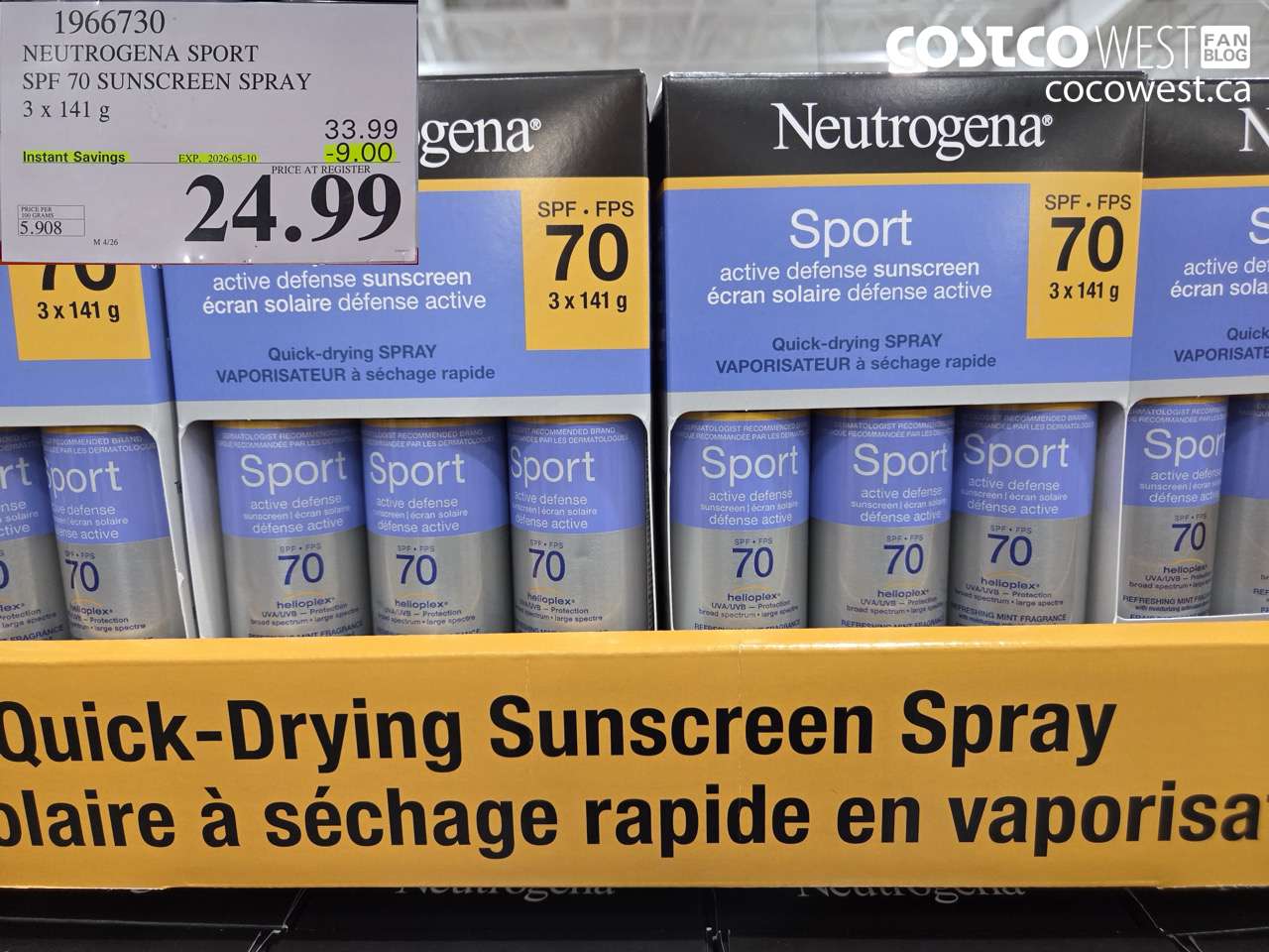 1966730 NEUTROGENA SPORT SPF 70 SUNSCREEN SPRAY 3 X 141 G ($9.00 INSTANT SAVINGS EXPIRES ON 2026-05-10) $24.99