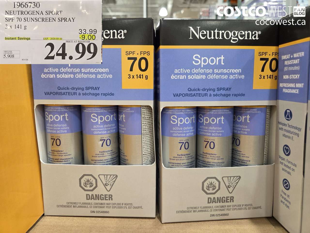 1966730 NEUTROGENA SPORT SPF 70 SUNSCREEN SPRAY 3 X 141 G ($9.00 INSTANT SAVINGS EXPIRES ON 2026-05-10) $24.99