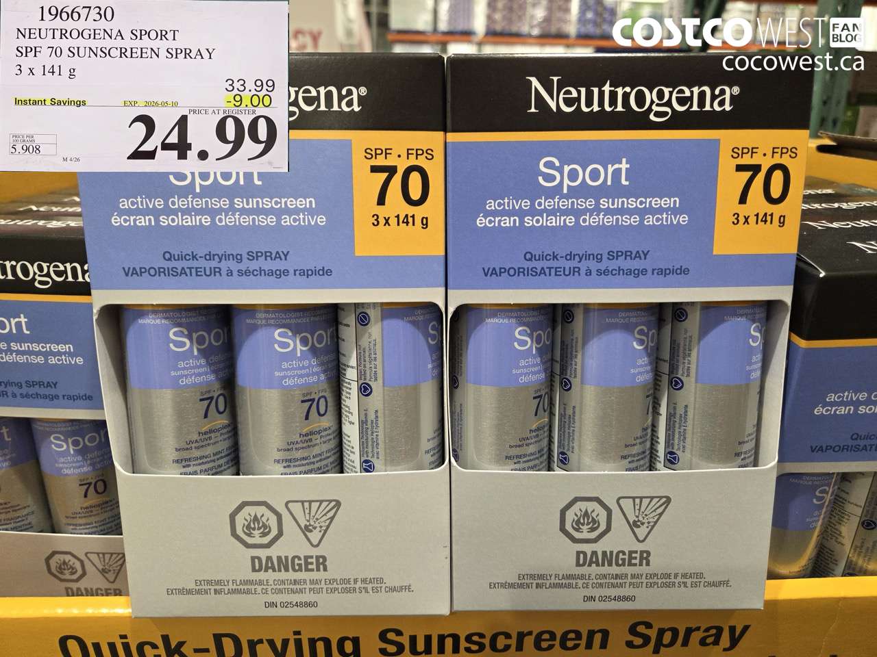 1966730 NEUTROGENA SPORT SPF 70 SUNSCREEN SPRAY 3 X 141 G ($9.00 INSTANT SAVINGS EXPIRES ON 2026-05-10) $24.99