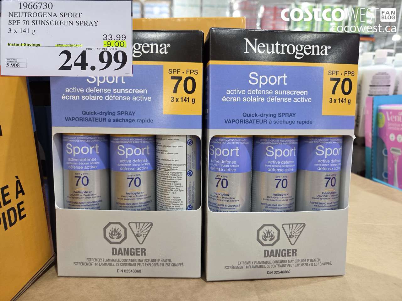 1966730 NEUTROGENA SPORT SPF 70 SUNSCREEN SPRAY 3 X 141 G ($9.00 INSTANT SAVINGS EXPIRES ON 2026-05-10) $24.99