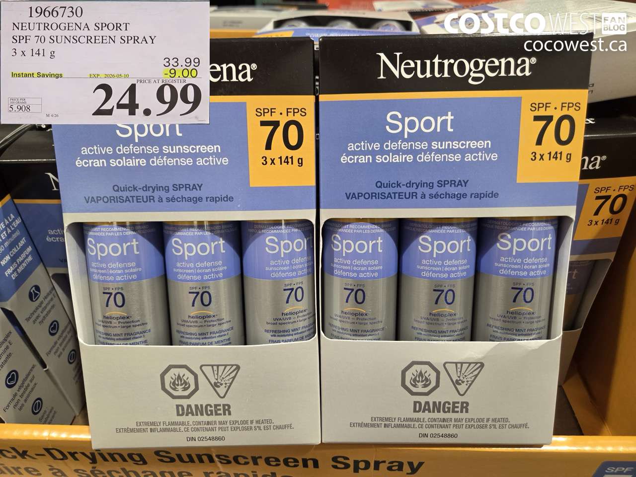 1966730 NEUTROGENA SPORT SPF 70 SUNSCREEN SPRAY 3 x 141 g ($9.00 INSTANT SAVINGS EXPIRES ON 2026-05-10) $24.99