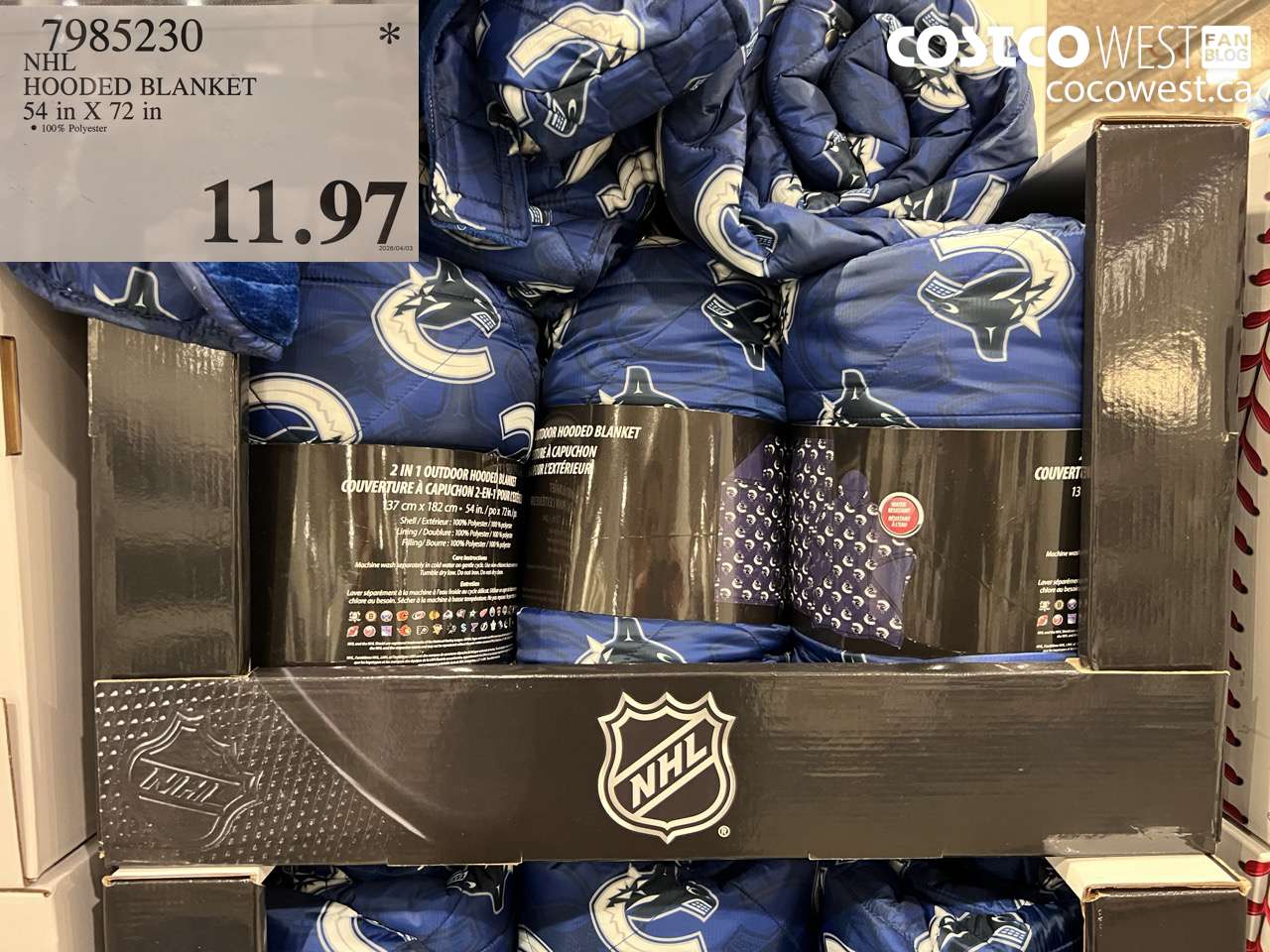 7985230 NHL HOODED BLANKET 54 IN X 72 IN $11.97