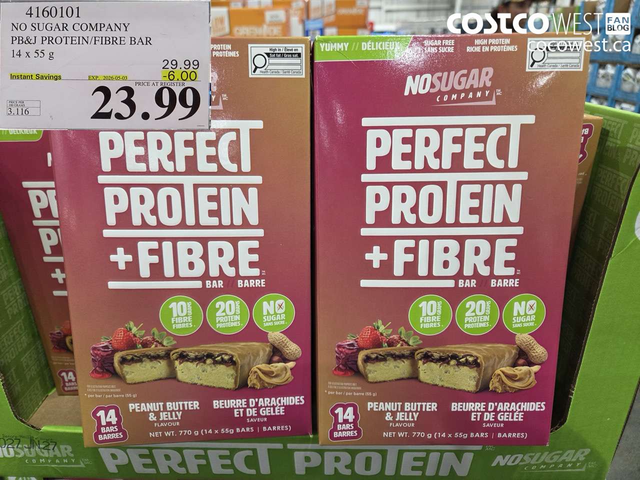 4160101 NO SUGAR COMPANY PB&J PROTEIN/FIBRE BAR 14 X 55 G ($6.00 INSTANT SAVINGS EXPIRES ON 2026-05-03) $23.99