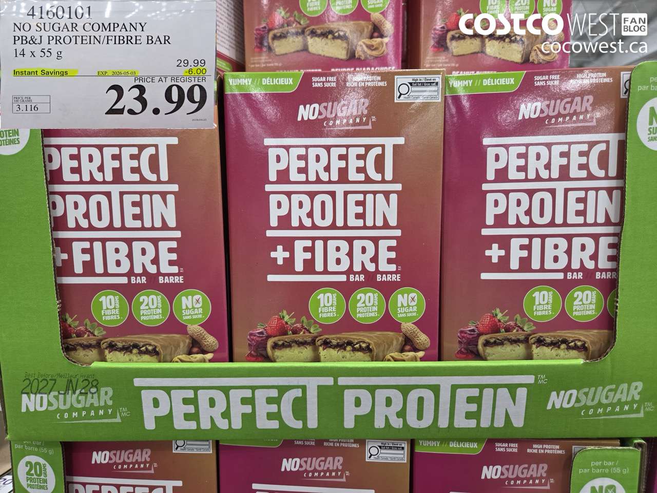 4160101 NO SUGAR COMPANY PB&J PROTEIN/FIBRE BAR 14 X 55 G ($6.00 INSTANT SAVINGS EXPIRES ON 2026-05-03) $23.99