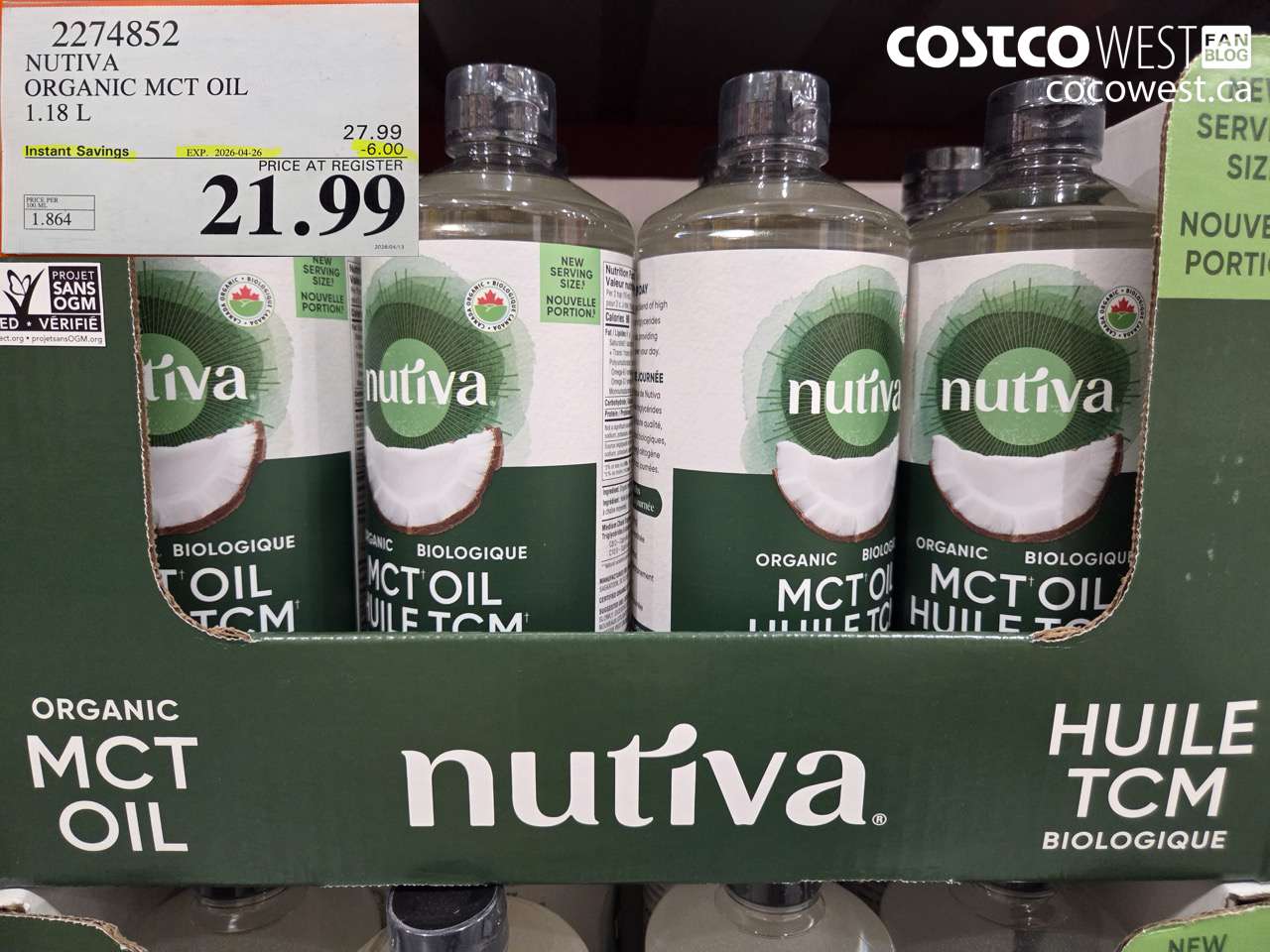2274852 NUTIVA ORGANIC MCT OIL 1.18 L ($6.00 INSTANT SAVINGS EXPIRES ON 2026-04-26) $21.99