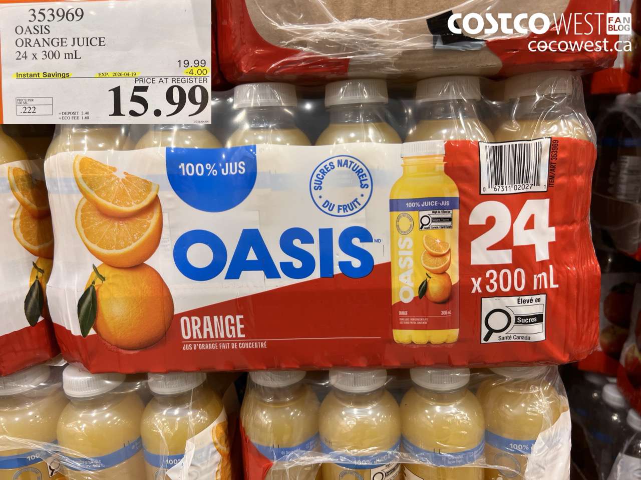 353969 OASIS ORANGE JUICE 24 X 300 ML ($4.00 INSTANT SAVINGS EXPIRES ON 2026-04-19) $15.99