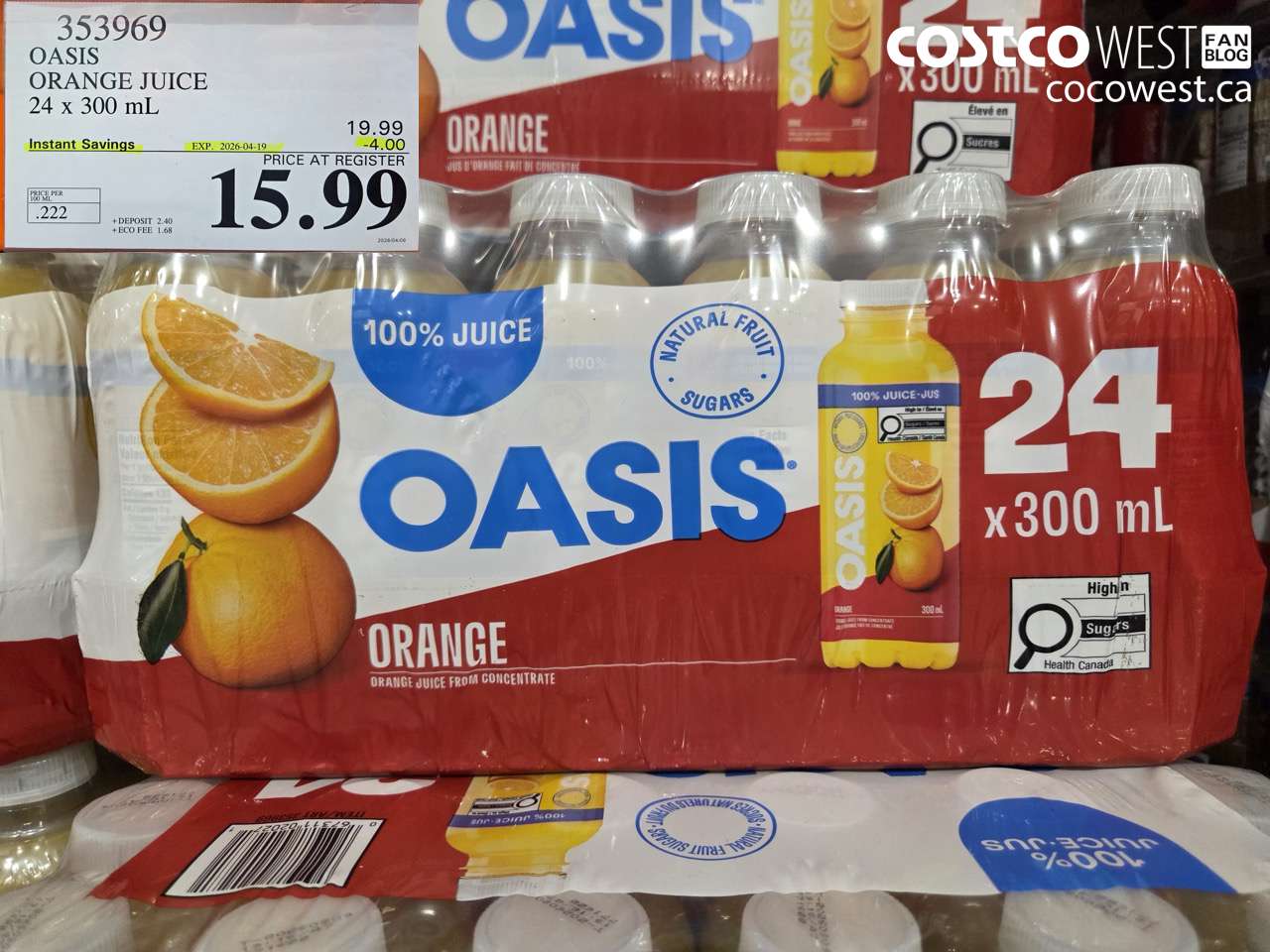353969 OASIS ORANGE JUICE 24 X 300 ML ($4.00 INSTANT SAVINGS EXPIRES ON 2026-04-19) $15.99