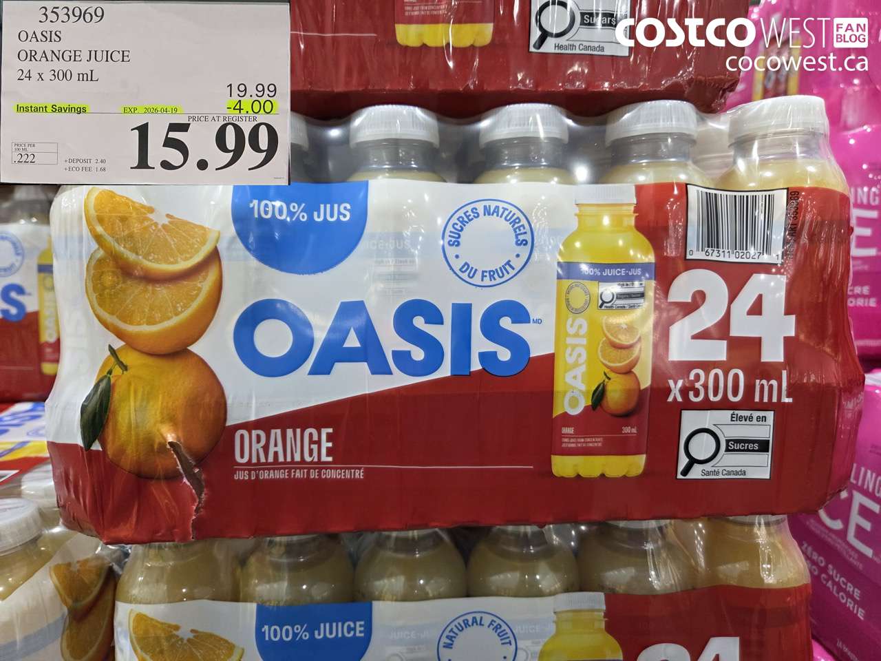353969 OASIS ORANGE JUICE 24 X 300 ML ($4.00 INSTANT SAVINGS EXPIRES ON 2026-04-19) $15.99