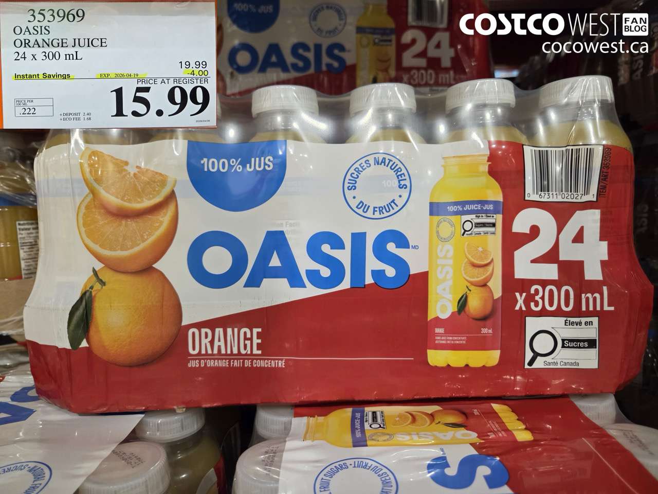 353969 OASIS ORANGE JUICE 24 X 300 ML ($4.00 INSTANT SAVINGS EXPIRES ON 2026-04-19) $15.99