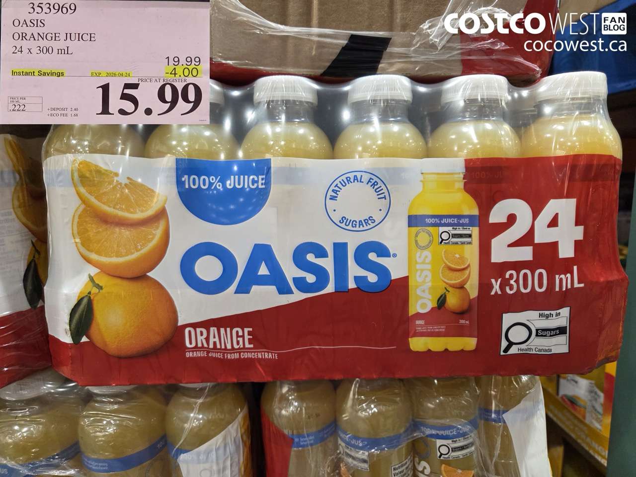 353969 OASIS ORANGE JUICE 24 X 300 ML ($4.00 INSTANT SAVINGS EXPIRES ON 2026-04-24) $15.99