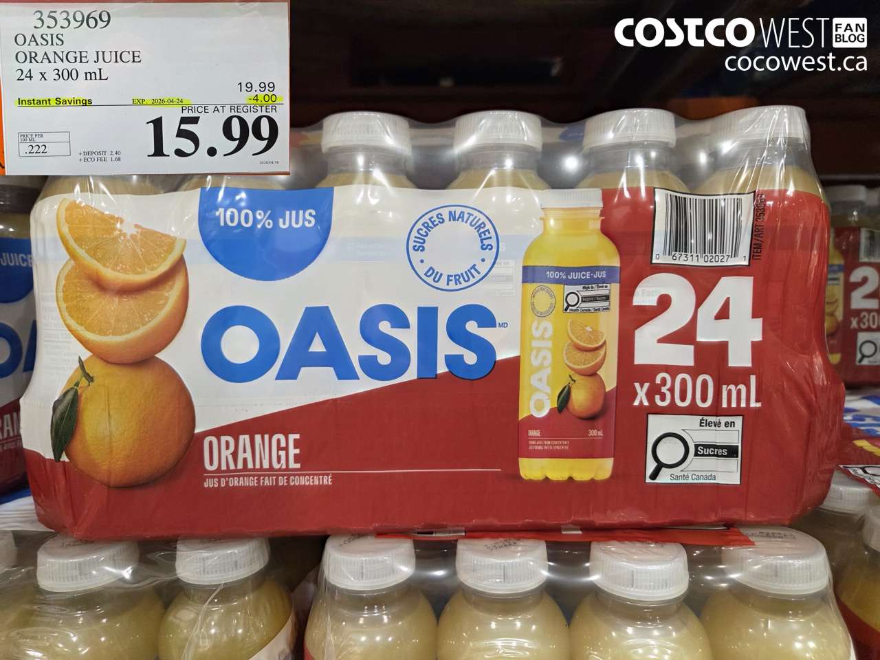 353969 OASIS ORANGE JUICE 24 X 300 ML ($4.00 INSTANT SAVINGS EXPIRES ON 2026-04-24) $15.99