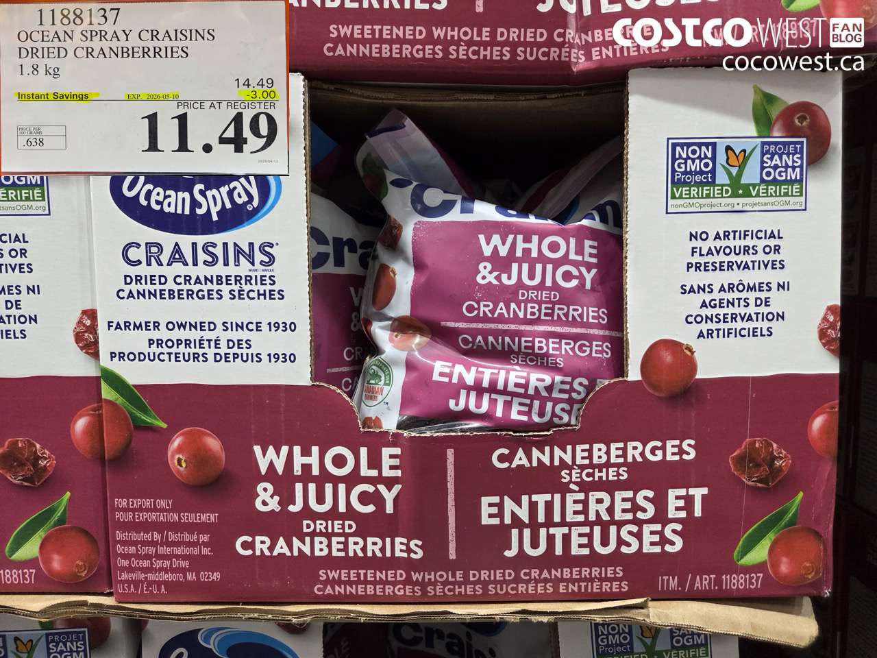 1188137 OCEAN SPRAY CRAISINS DRIED CRANBERRIES 1.8KG ($3.00 INSTANT SAVINGS EXPIRES ON 2026-05-10) $11.49