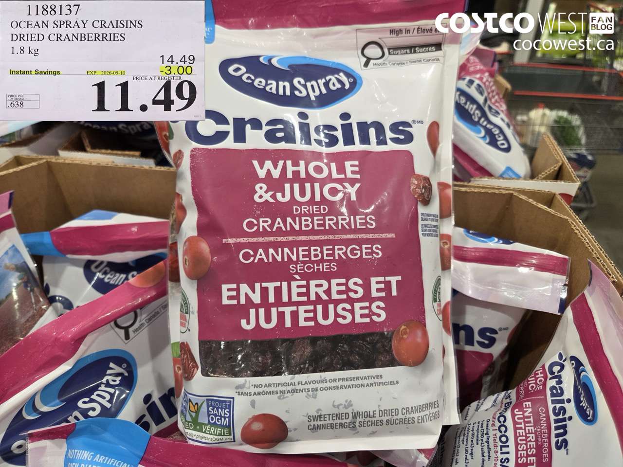 1188137 OCEAN SPRAY CRAISINS DRIED CRANBERRIES 1.8KG ($3.00 INSTANT SAVINGS EXPIRES ON 2026-05-10) $11.49